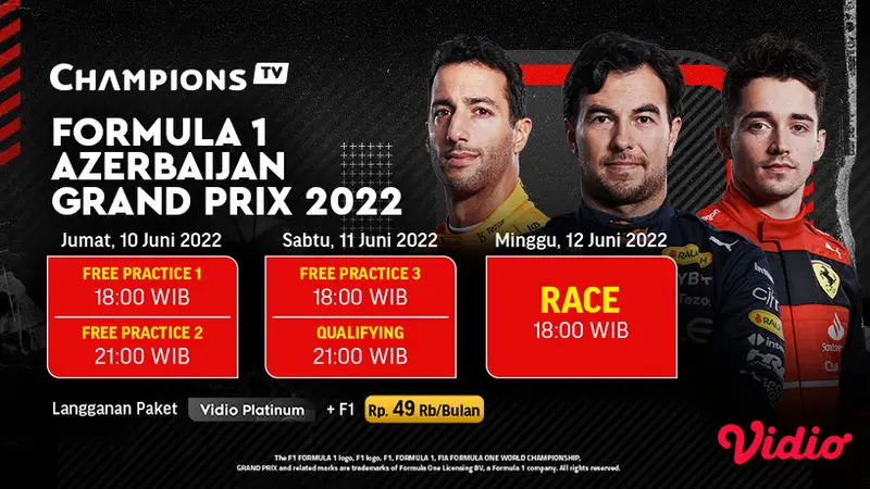 Nonton Siaran Langsung F1 GP Azerbaijan 2022 Ekslusif di Vidio 11-12 Juni