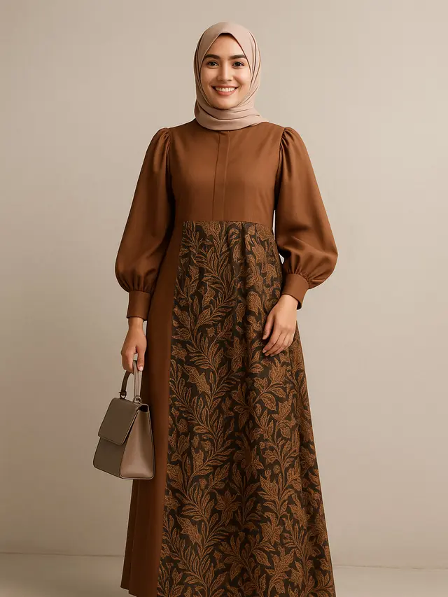 Model Gamis Batik Kombinasi Polos Kerah Shanghai 2025/ Ilustrasi gambar oleh AI