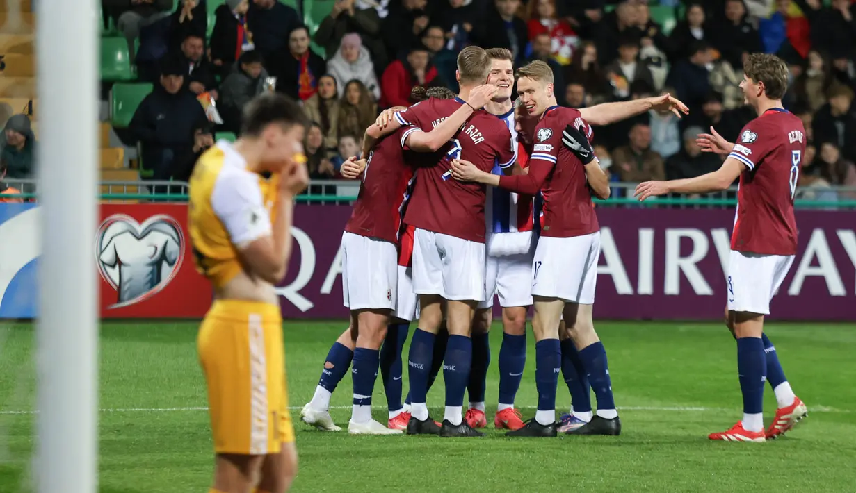 Bagi Haaland, itu adalah gol ke-39 dari 40 penampilan untuk timnas Norwegia sejak 2019. (AP Photo/Aurel Obreja)