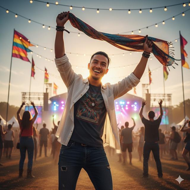 Prompt AI Edit Foto Festival Musik Gaya Boho Outdoor