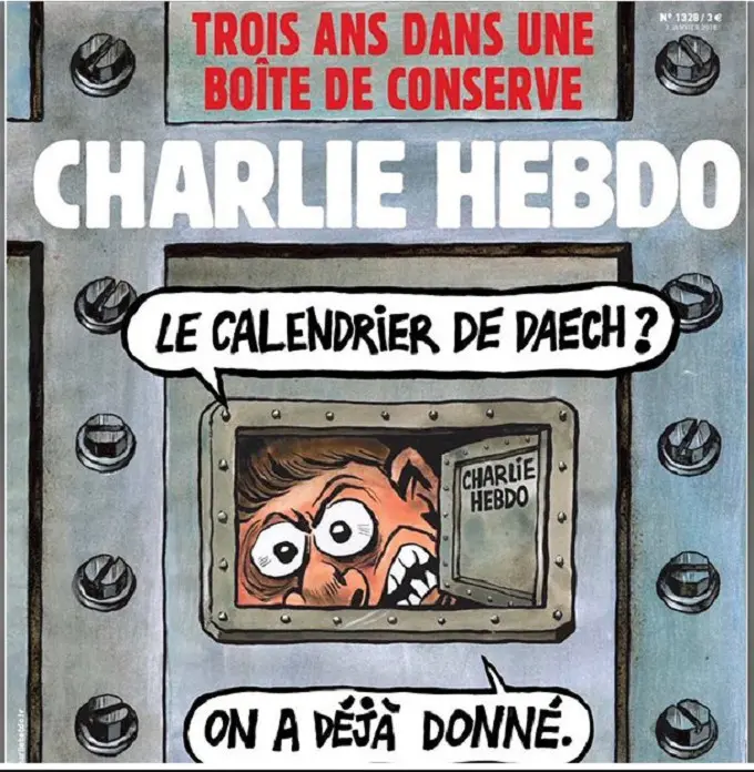 Cover majalah satir Charlie Hebdo terbitan pertama tahun 2018.