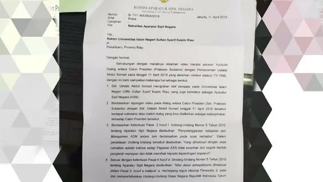 Surat Komisi Aparatur Sipil Negara yang dikirim ke UI Suska untuk mengklarifikasi UAS.