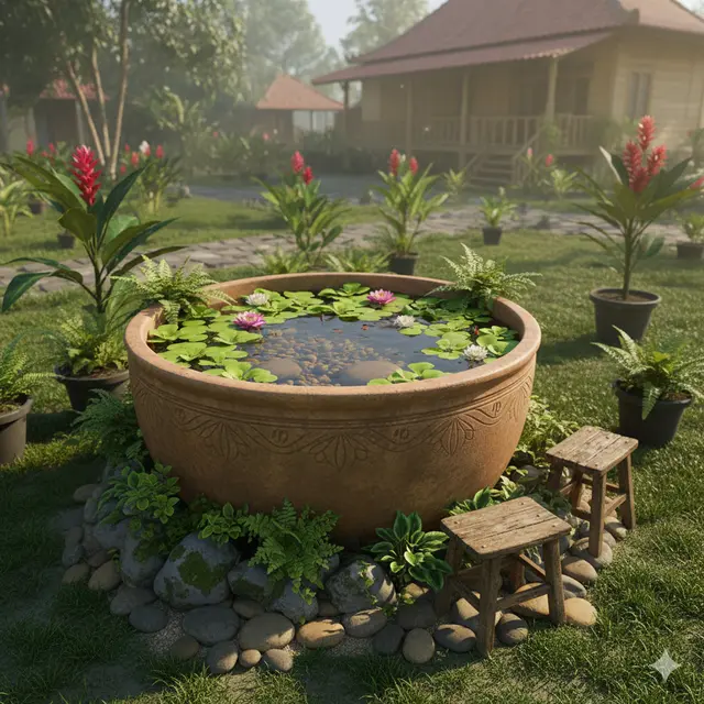 7 Desain Kolam Ikan Mini dari Gentong Tanah Liat, Kreasi Natural yang Menyejukkan