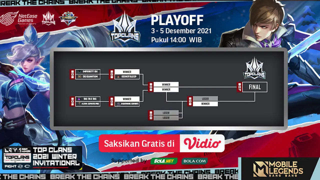 Link Live Streaming Play Off Top Clans Mobile Legends Winter Invitational di Vidio, 3-5 Desember 2021