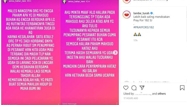 Klarifikasi Anisa Bahar soal unggahannya yang menuai kecaman. (Instagram/ lambe_turah)