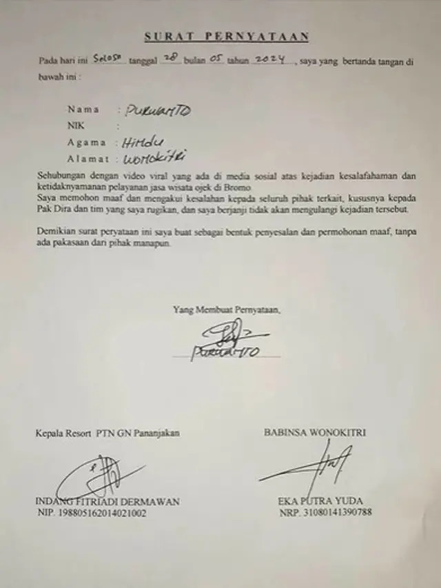 Tukang Ojek Bromo yang Getok Harga Rp400 Ribu Bikin Video dan Surat Pernyataan Maaf