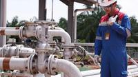 Petugas mengecek jaringan pipa milik Pertamina