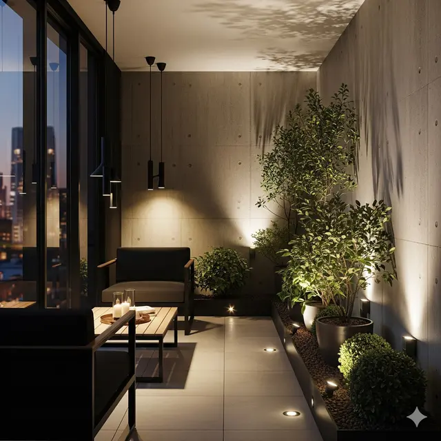 Teras dengan Pencahayaan LED dan Tanaman Hias