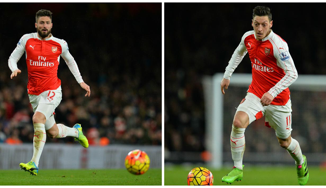 2. Olivier Giroud - Mesut Ozil (8 gol), Arsenal beruntung memiliki Ozil yang musim ini mampu memecahkan rekor assist Liga Inggris, kemampuannya mengumpan mampu dimanfaatkan dengan baik oleh Giroud. (AFP)