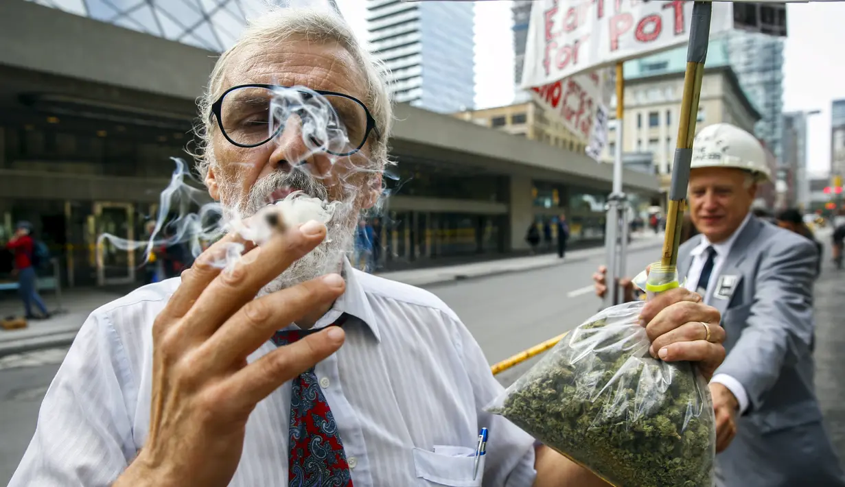 Aktivis Ray Turmel menghisap ganja medis sambil membawa plastik berisi ganja di luar gedung pemilihan federal Munk Debat, Toronto, Kanada (28/9/2015). Ray Turmel  menginginkan ganja di negaranya dilegalkan untuk kepentingan medis. (REUTERS/Mark Blinch)