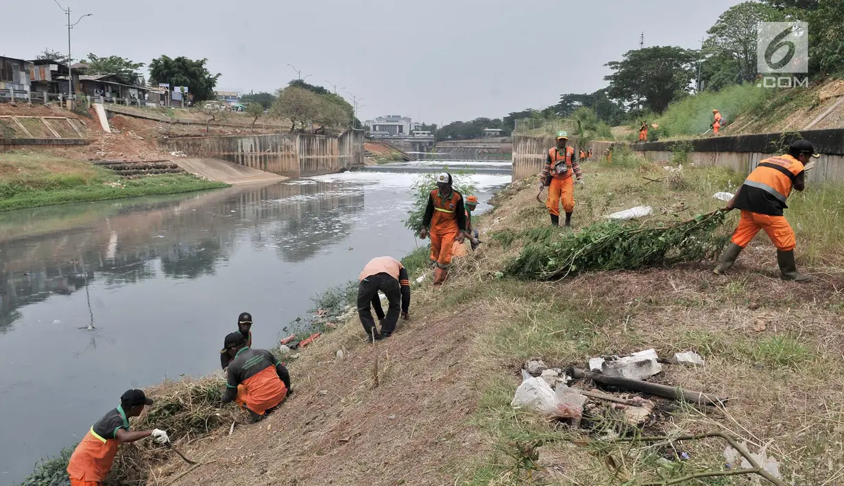 Petugas PPSU dan Sudin Tata Air Jakarta Timur membersihkan sampah dan tanaman liar di sepanjang aliran Kanal Banjir Timur (KBT), Senin (15/10). Aksi dilakukan guna mengantisipasi banjir sekaligus mempercantik kawasan KBT. (Merdeka.com/ Iqbal S. Nugroho)