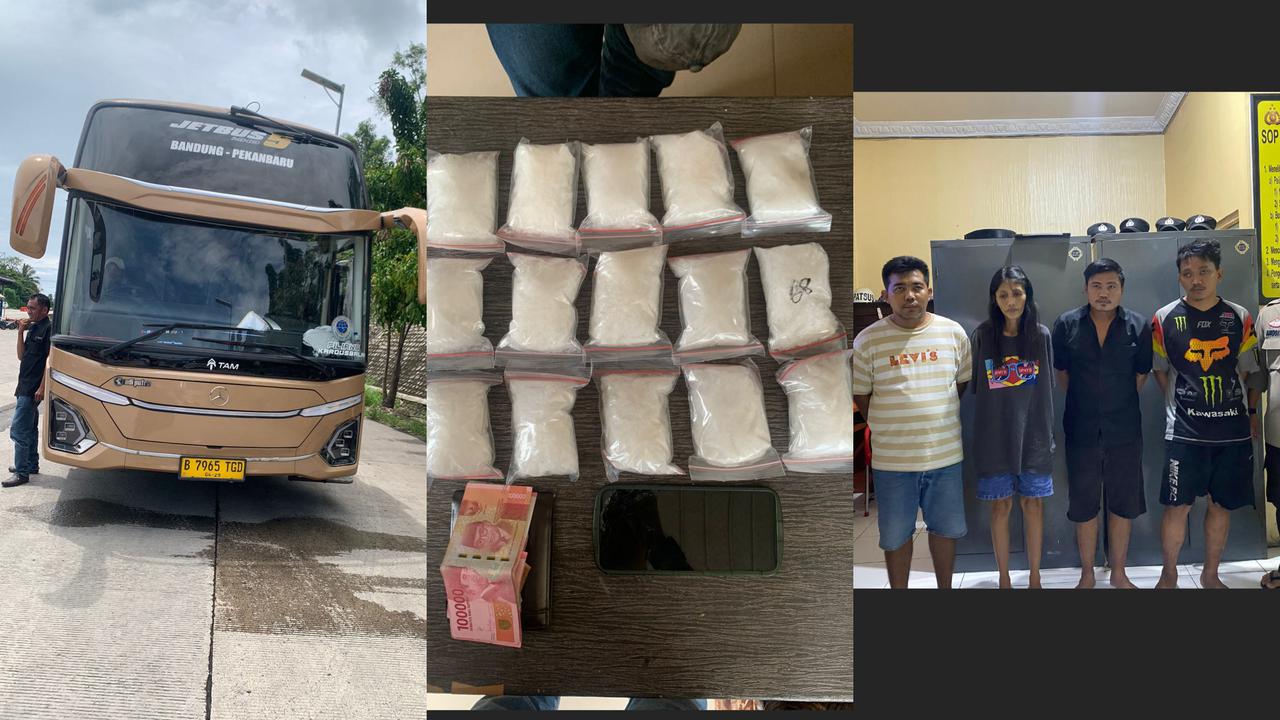 Barang bukti sabu seberat 1,513 kilogram dan empat tersangka ditahan Ditresnarkoba Polda Lampung. Foto : (Istimewa).