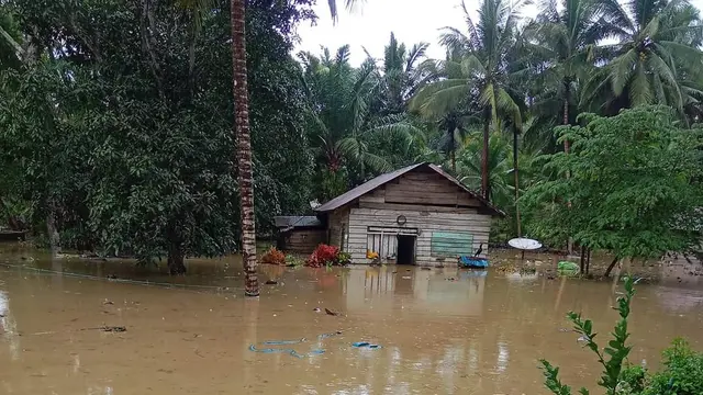 Banjir terjang Kabupaten Kolaka, sebanyak 7 kecamatan daqn 13 desa terendam usai hujan deras sejak Senin (3/7/2023) hingga Selasa (4/7/2023).(Liputan6.com/Ahmad Akbar Fua)