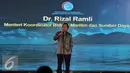 Menko Maritim dan Sumber Daya Rizal Ramli memberikan sambutan saat Peluncuran Sail Selat Karimata 2016, Jakarta, Rabu (1/6). Kegiatan tersebuta akan berlangsung di Kalimantan Barat, Jambi, Kepulauan Riau dan Bangka Belitung. (Liputan6.com/Johan Tallo)