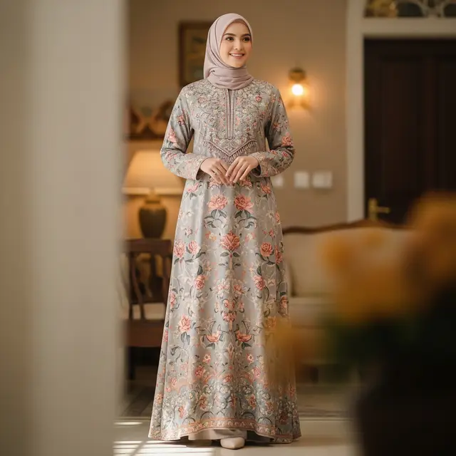 9 Model Gamis Motif Bunga Muslimah untuk Perayaan Maulid Nabi 2025