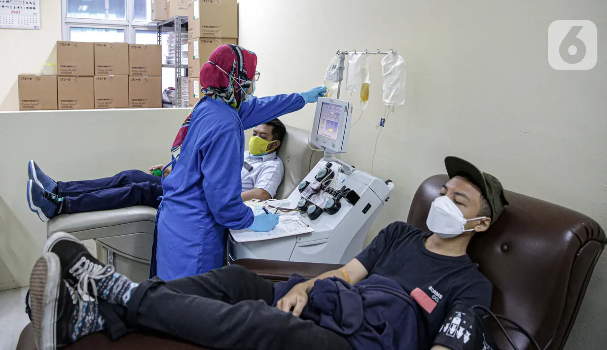 Pasien sembuh COVID-19 mendonorkan plasma darahnya di Unit Donor Darah (UDD) PMI DKI Jakarta, Rabu (23/6/2021). PMI DKI Jakarta menyatakan ketersediaan stok plasma konvalesen untuk terapi penyembuhan pasien COVID-19 di DKI kosong. (Liputan6.com/Faizal Fanani)