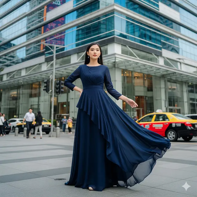 Model Long Dress Bahan Sifon Dengan Potongan Ruffle Feminin