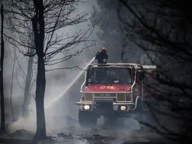 Seorang petugas pemadam kebakaran menyemprotkan air ke pohon selama kebakaran hutan di Saumos, pinggiran barat Bordeaux, Prancis barat daya (13/9/2022). Kebakaran yang berlangsung sejak 12 September 2022 telah menyebar sekitar 1800 hektar vegetasi dan hutan di Saumos dan memaksa evakuasi kota dalam konteks suhu tinggi di Gironde. (AFP/Philippe Lopez)