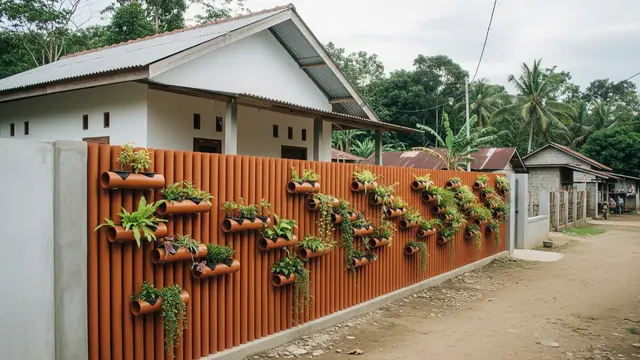 Pagar PVC Vertikal dengan Pot Tanaman