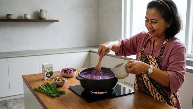 Ilustrasi resep bubur sumsum ubi ungu dengan gula merah