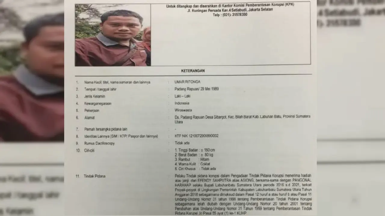 Umar Ritonga tangan kanan Bupati Labuhanbatu, Pangonal Harahap yang kabur membawa uang hasil suap. (Istimewa)