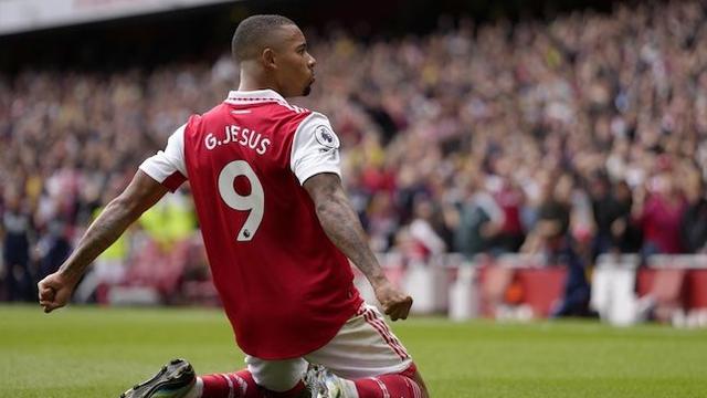 Selebrasi Gabriel Jesus usai mencetak gol untuk Arsenal (c) AP Photo