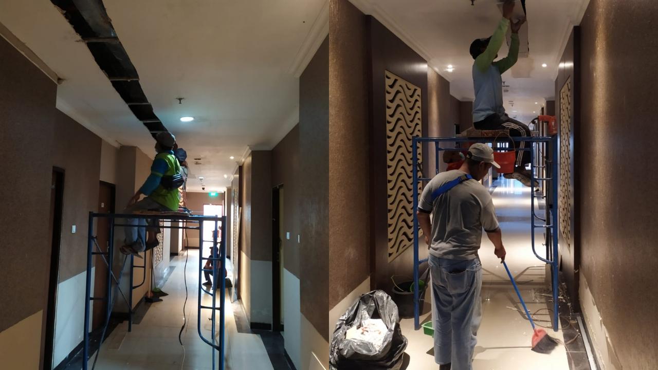 Perbaikan asrama haji Surabaya sebelum diserahkan ke Kemenag. (Dian Kurniawan/Liputan6.com)