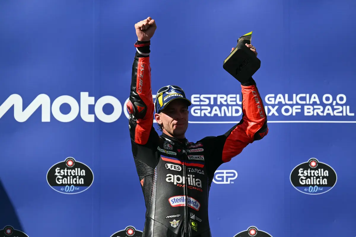 Selebrasi Marco Bezzecchi usai menang di MotoGP Brasil 2026