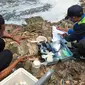 Petugas dari Dinas Lingkungan Hidup Kabupaten Bogor langsung mengambil sampel air Sungai Cileungsi, yang diduga tercemar limbah, Jumat (25/3/2022).