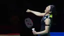 Tunggal putri Korea Selatan, An Se Young, saat merayakan kemenangan atas wakil Jepang, Akane Yamaguchi, pada final turnamen bulutangkis Indonesia Open 2026 di Istora Gelora Bung Karno, Senayan, Jakarta, Minggu (7/6/2026). (Bola.com/M Iqbal Ichsan)