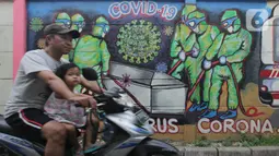 Warga melintasi mural bertema covid-19 di Tanah Tinggi, Tangerang, Sabtu (29/1/2022). Kasus Covid-19 varian Omicron di Indonesia terus bertambah dan wilayah penyebarannya semakin meluas. Diperkirakan, kasus omicron sudah mendominasi penularan virus corona di Jawa Bali. (Liputan6.com/Angga Yuniar)