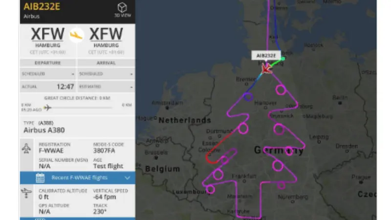 Pesawat di Jerman membentuk pola pohon Natal saat terbang pada 13 Desember 2017.