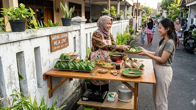 Warung Sarapan "Fold-Down Table" di Dinding Pagar.