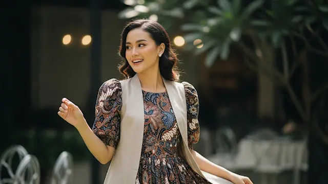 Dress Batik Lengan Puff + Outer Tanpa Lengan