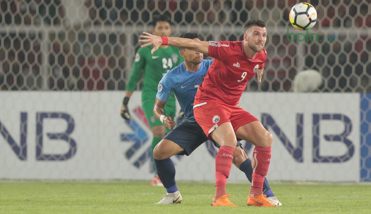 Marko Simic menceba melewati adangan pemain JDT, Aidil Zaufan pada laga grup H Piala AFC 2018 di Stadion Utama Gelora Bung Karno, Jakarta, Selasa (10/4/2018). Persija Jakarta menang 4-0.  (Bola.com/Nick Hanoatubun)