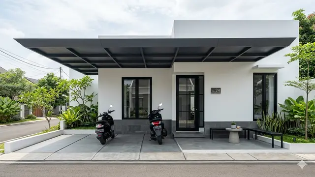 Ide Kanopi Teras Depan Rumah yang Cocok untuk Parkir Motor dan Santai. Gemini