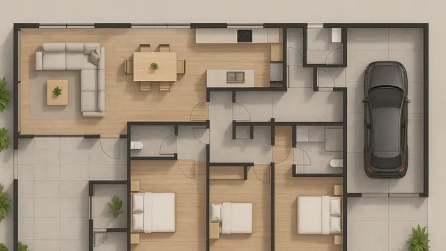 8 Denah Rumah 1 Lantai 3 Kamar Tidur dan Garasi/Ilustrasi Gambar AI