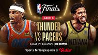 Link siaran langsung game 6 NBA Finals 2025 Thunder vs Pacers di Vidio. Saksikan game ke 6 dari lanjutan NBA Finals 2025 antara Thunder vs Pacers di Gainbridge Fieldhouse hanya di layanan OTT Vidio. (sum. doc. vidio.com)