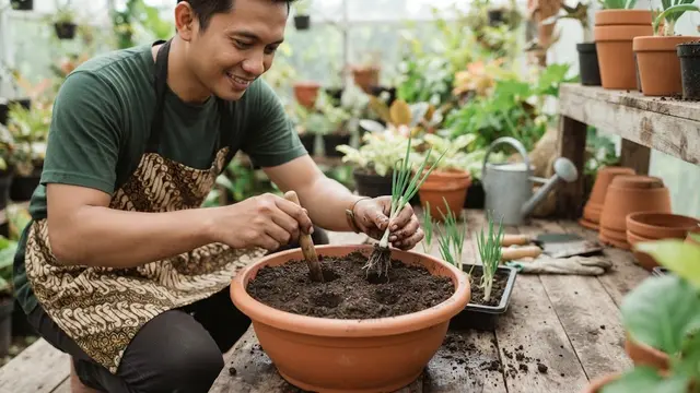 Cara menanam daun bawang welsh dari rumpun di pot terpisah, diawali dengan membuat lubang