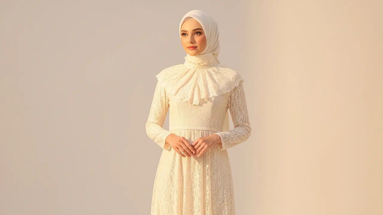 Inspirasi Gaun Pesta Muslimah High Neck Lace.