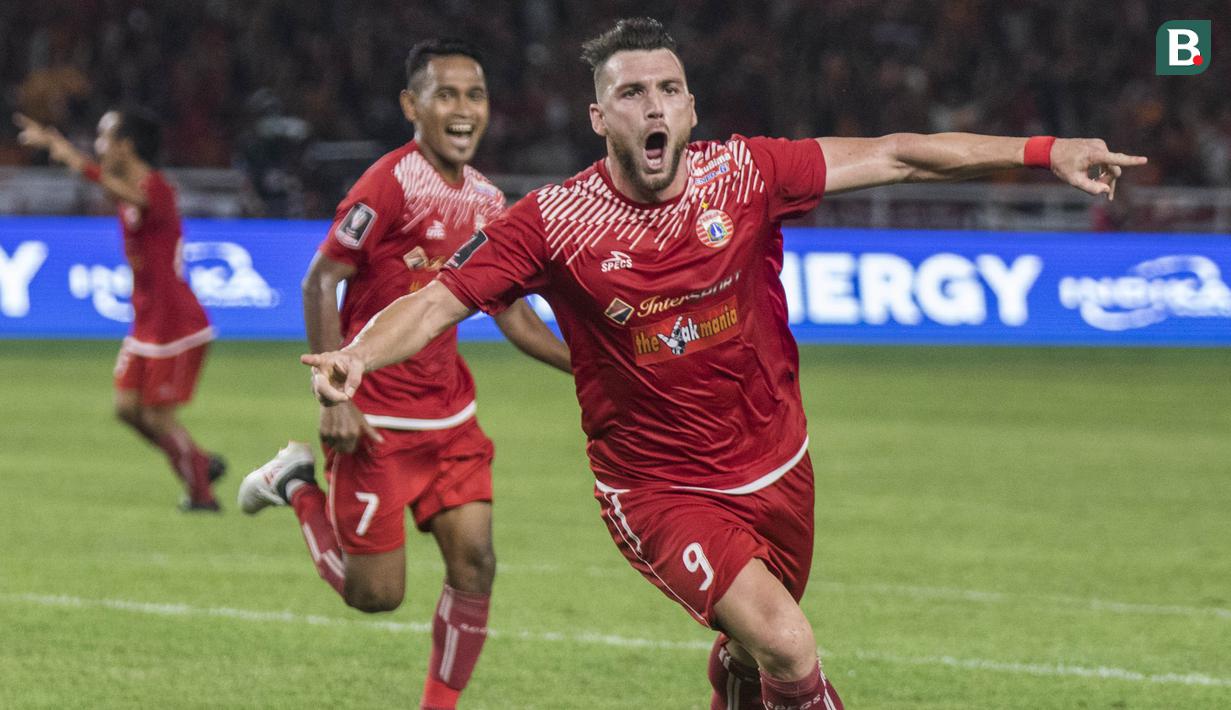 Striker Persija Jakarta, Marko Simic, merayakan gol yang dicetaknya ke gawang Bali United pada final Piala Presiden di SUGBK, Jakarta, Sabtu (17/2/2018). Persija menang 3-0 atas Bali United. (Bola.com/Vitalis Yogi Trisna)