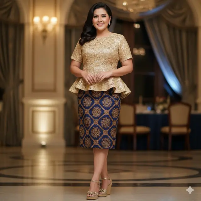 Dress Batik Brokat Lengan Pendek untuk Wanita Gemuk