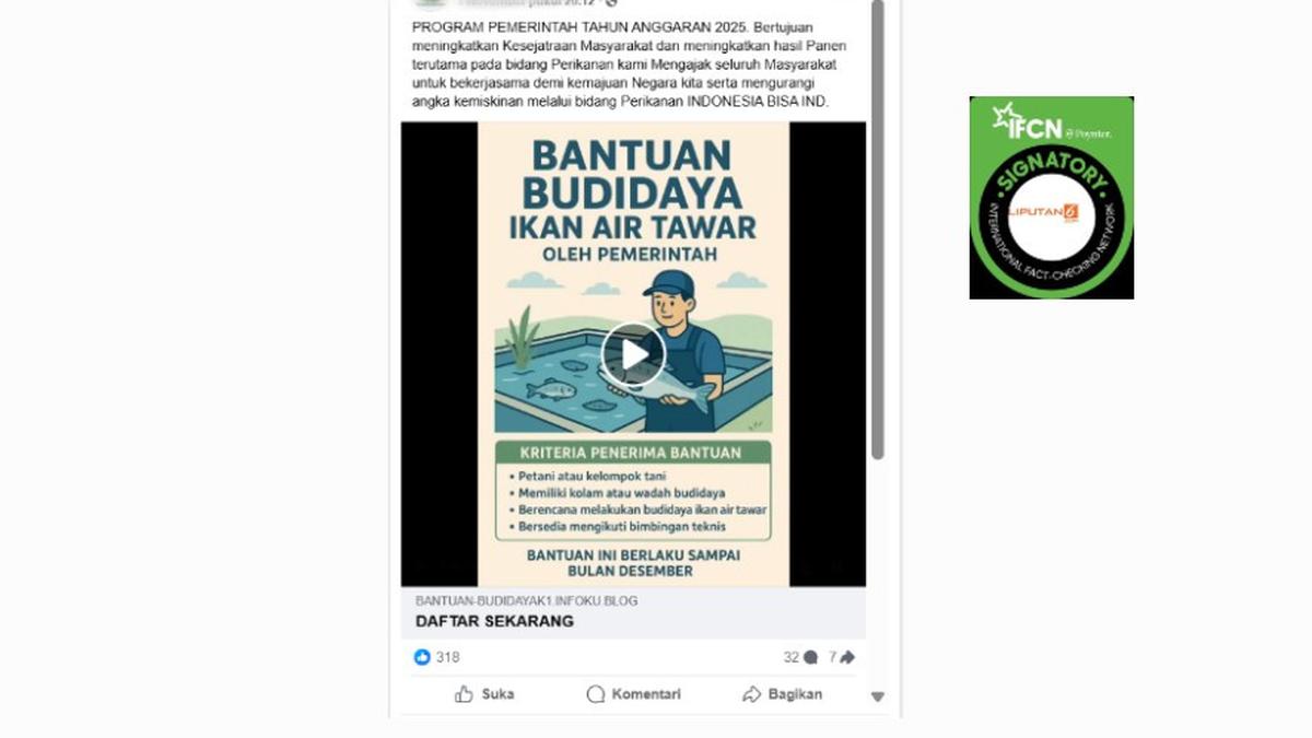 Cek Fakta: Tidak Benar Link Pendaftaran Bantuan Budidaya Ikan Air Tawar