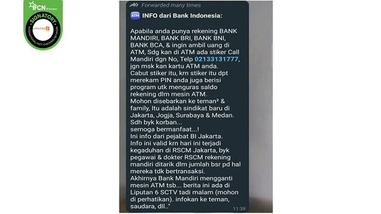 Gambar Tangkapan Layar Pesan Berantai Hoaks ImbauanBank Indonesia Mewaspadai Mesin ATM Penguras Saldo (sumber: WhatsApp).