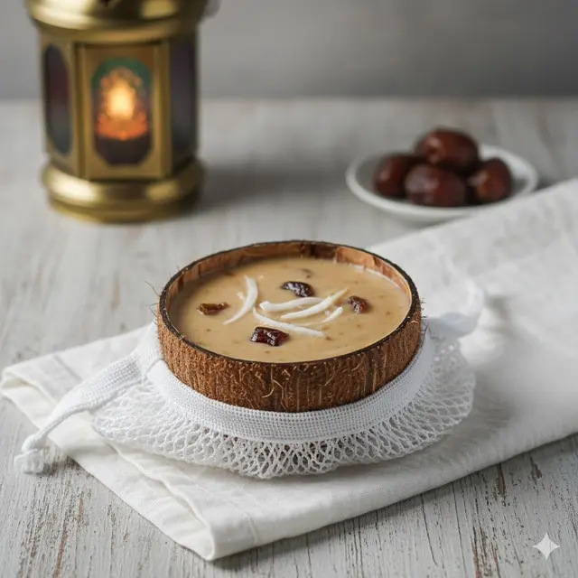 Puding Kurma Kelapa Muda dalam Batok Mini (Gemini AI)