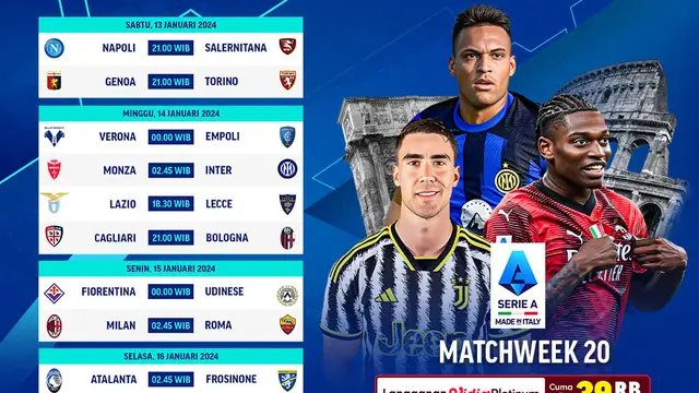 Jadwal Live Streaming Liga Italia 2023/2024 Matchweek 20 di Vidio Pekan Ini