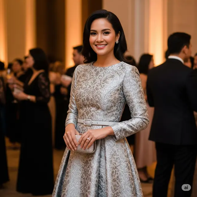 Long Dress Brokat Monokrom dengan Aksen Sabuk