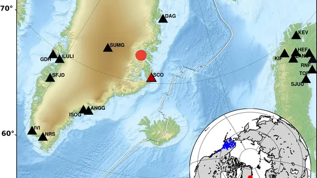 Gambaran umum stasiun seismik di Greenland (segitiga hitam), lokasi tsunami (lingkaran merah) dan stasiun seismik terdekat (segitiga merah), yang sinyalnya terdeteksi. (Angela Carillo Ponce dan rekan)