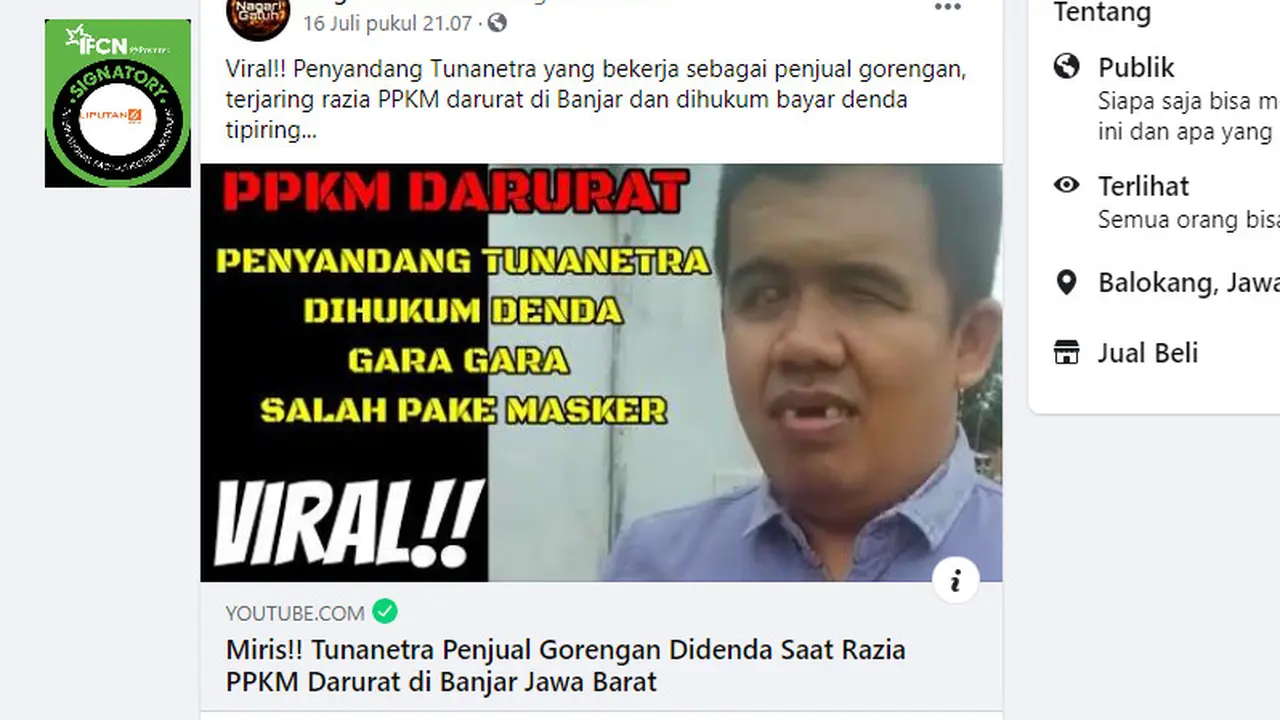Cek Fakta Liputan6.com menelusuri klaim tunanetra didenda petugas karena salah megenakan masker