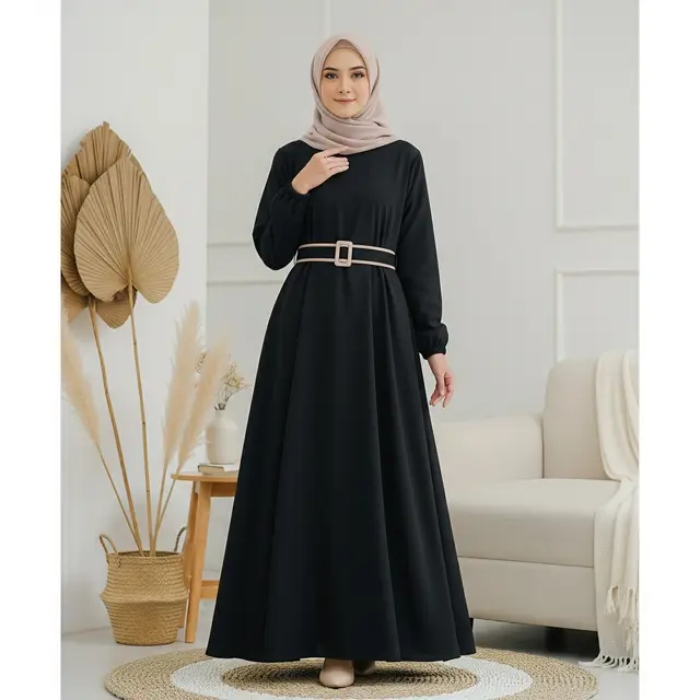 Model Gamis Terbaru Hitam Kombinasi Belt
